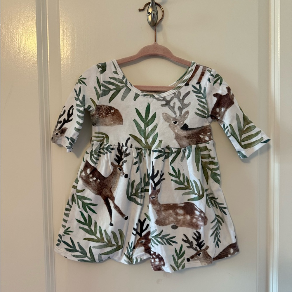 Vivie and Ash Kids Dress - White and Green Reindeer print